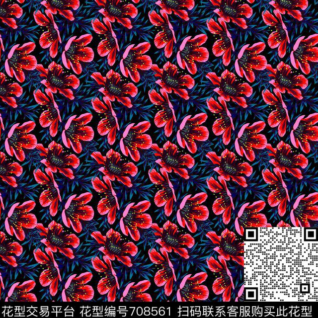 蓝花朵叶子红.jpg - 708561 - 小碎花 花朵 花卉 - 数码印花花型 － 女装花型设计 － 瓦栏