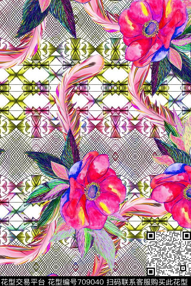 FY0589.jpg - 709040 - 花卉 羽毛 横条 - 数码印花花型 － 女装花型设计 － 瓦栏