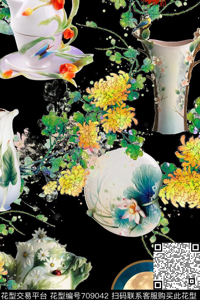 FY0591.jpg - 709042 - 青花瓷 民族风 中国风 - 数码印花花型 － 女装花型设计 － 瓦栏