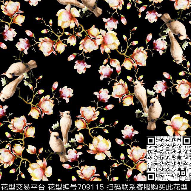 粉色鹦鹉花朵.jpg - 709115 - 花鸟 兰花 花朵 - 数码印花花型 － 女装花型设计 － 瓦栏