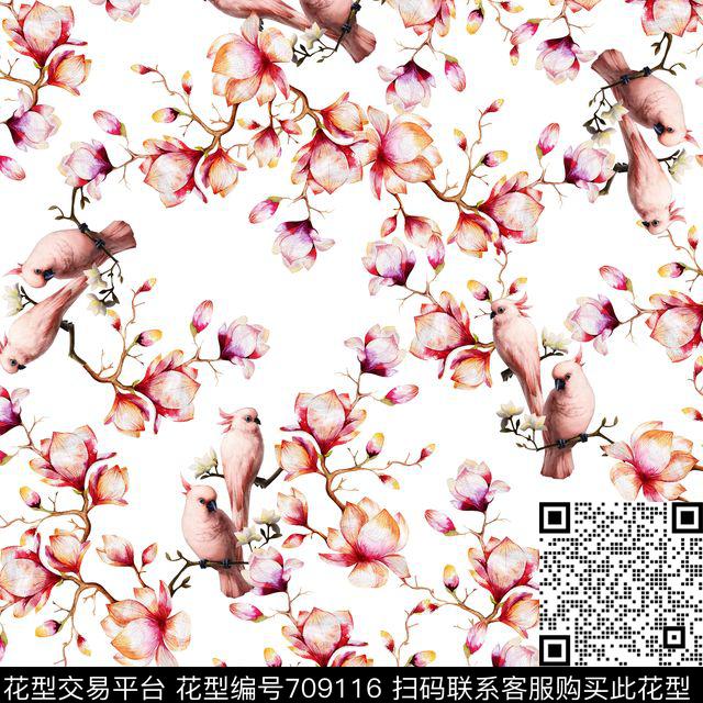 粉色鹦鹉花朵白.jpg - 709116 - 花鸟 兰花 花朵 - 数码印花花型 － 女装花型设计 － 瓦栏