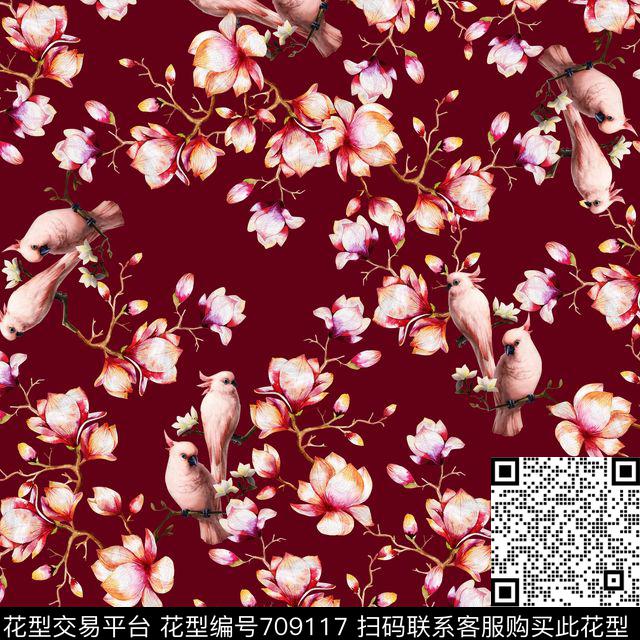 粉色鹦鹉花朵酒.jpg - 709117 - 花鸟 兰花 花朵 - 数码印花花型 － 女装花型设计 － 瓦栏