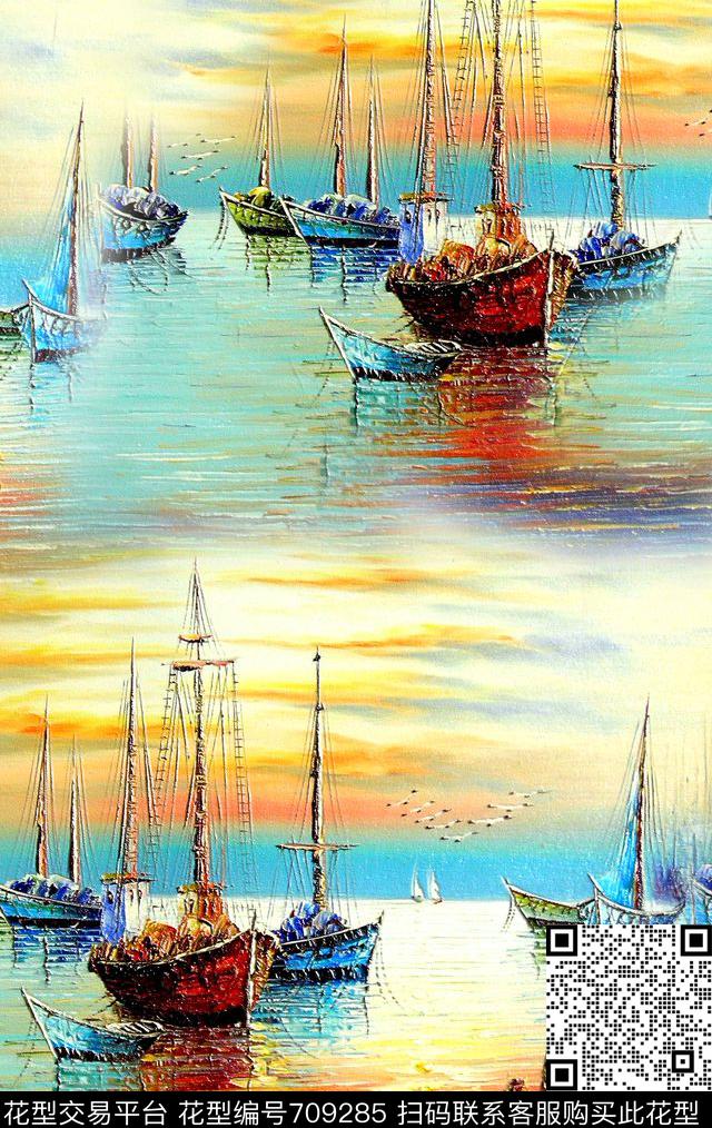 0919油画帆船-1.jpg - 709285 - 油画帆船 海上风景油画 帆船海鸥 - 数码印花花型 － 女装花型设计 － 瓦栏