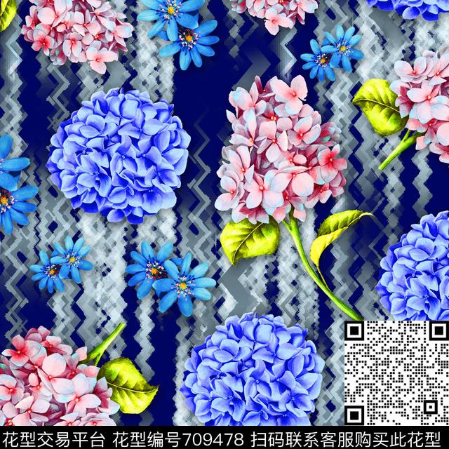 绣球花波浪数字化沙影.jpg - 709478 - 绣球花沙影 花朵 花卉 - 数码印花花型 － 女装花型设计 － 瓦栏