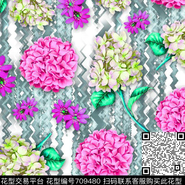 绣球花波浪数字化沙影粉.jpg - 709480 - 绣球花沙影 花朵 花卉 - 数码印花花型 － 女装花型设计 － 瓦栏