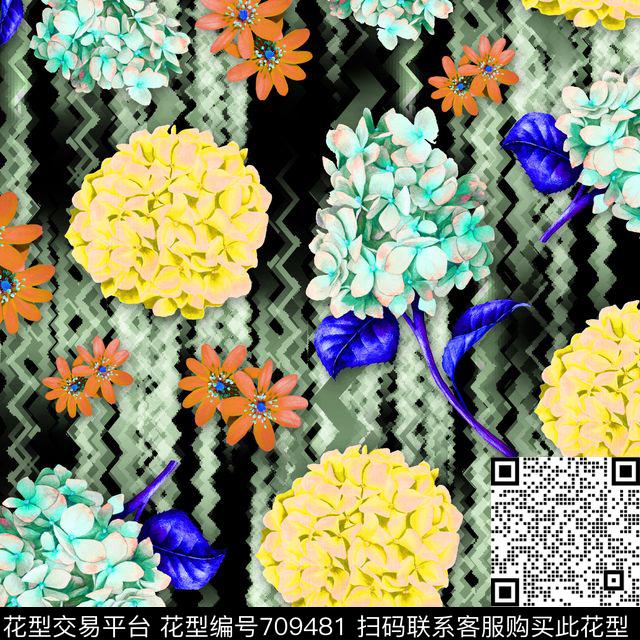 绣球花波浪数字化沙影黑.jpg - 709481 - 绣球花沙影 花朵 花卉 - 数码印花花型 － 女装花型设计 － 瓦栏