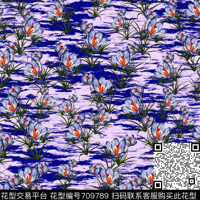 3D立体花卉草地蓝.jpg - 709789 - 乱花 兰花 花朵 - 数码印花花型 － 女装花型设计 － 瓦栏