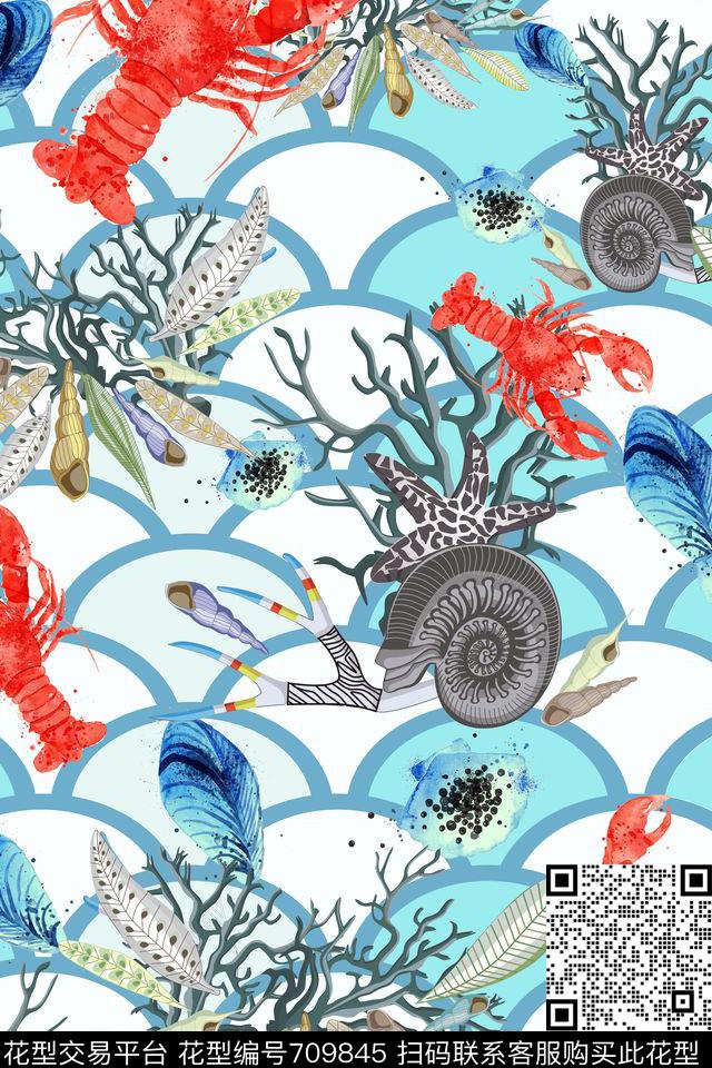 龙虾.jpg - 709845 - 泳装 海洋生物 动物纹 - 数码印花花型 － 泳装花型设计 － 瓦栏