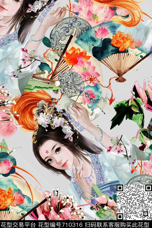 FY0599.jpg - 710316 - 民族风 中国风 人物 - 数码印花花型 － 女装花型设计 － 瓦栏
