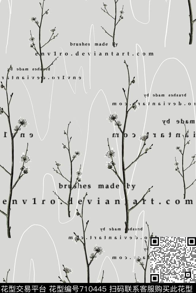 手绘山脉花卉数字底纹灰.jpg - 710445 - 手绘山脉 花卉 树枝 - 传统印花花型 － 男装花型设计 － 瓦栏