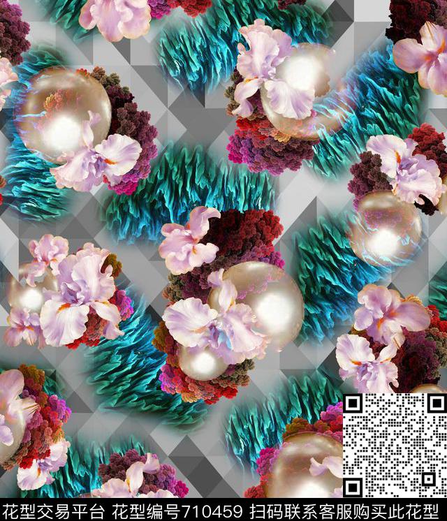 BM-T0383.jpg - 710459 - 圆形 几何 花卉 - 数码印花花型 － 女装花型设计 － 瓦栏