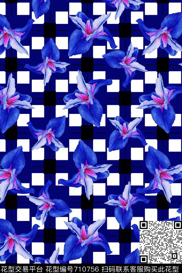 花格子紫.jpg - 710756 - 花朵 花卉 时尚格子 - 数码印花花型 － 女装花型设计 － 瓦栏