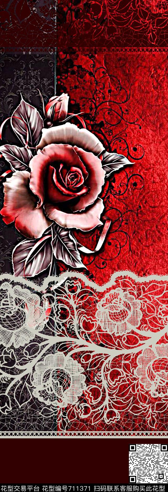 1092a-1.tif - 711371 - 抽象手绘分形艺术玫瑰花数码印花 时尚潮流大牌女装裙子丝巾印花 蕾丝几何渐变纹理印花 - 数码印花花型 － 长巾花型设计 － 瓦栏