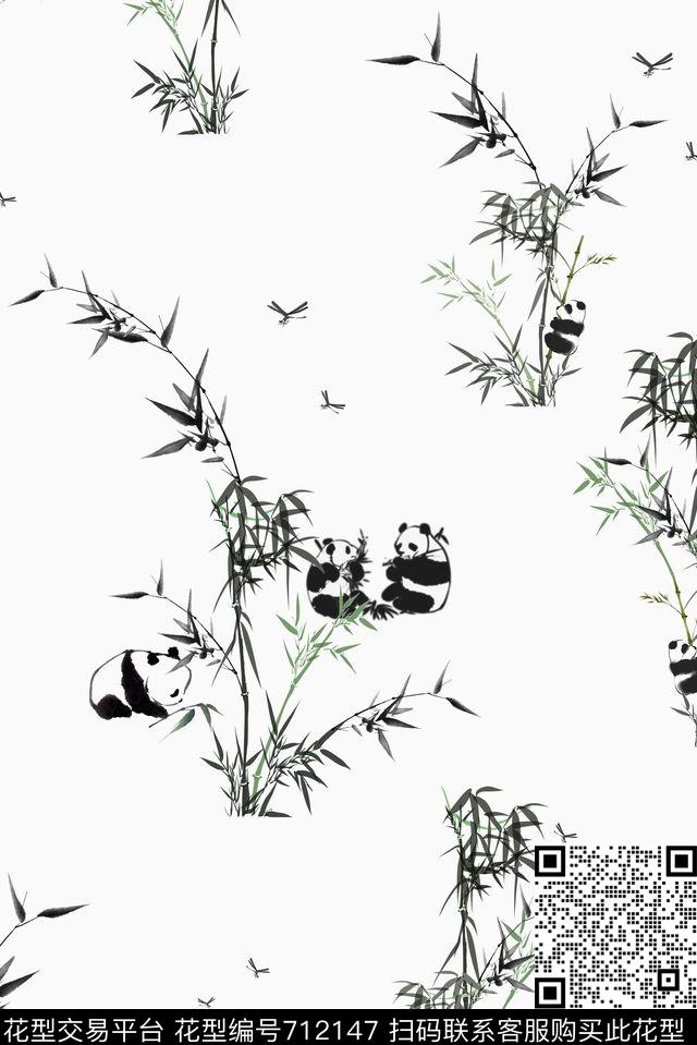 吃竹子的熊猫.jpg - 712147 - 中国风 吃竹子的大熊猫 熊猫 - 传统印花花型 － 女装花型设计 － 瓦栏