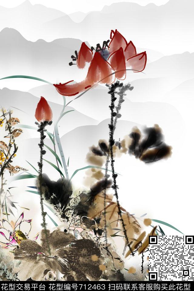 16091769.jpg - 712463 - 女装 中国风 花鸟植物 - 数码印花花型 － 方巾花型设计 － 瓦栏
