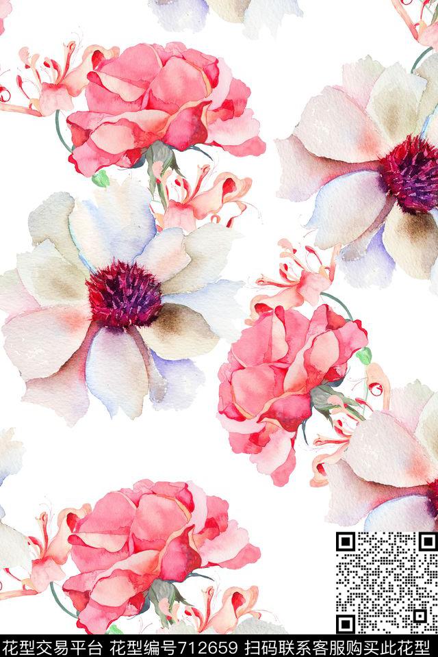 水彩花.jpg - 712659 - 水彩花卉 花卉 花朵 - 数码印花花型 － 女装花型设计 － 瓦栏
