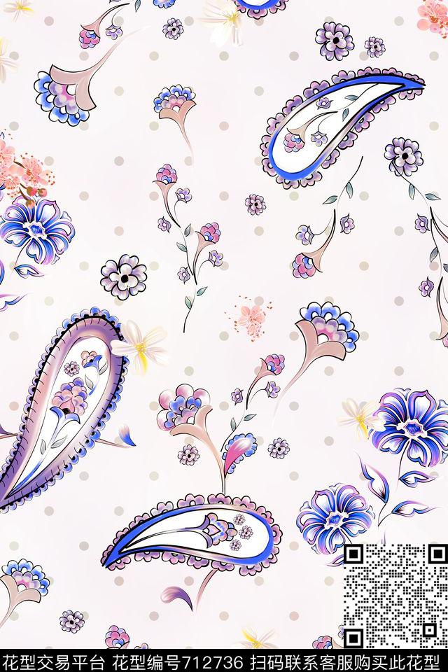 波点佩斯利花卉组合1-1.jpg - 712736 - 民族风 佩斯利 腰果纹火腿纹 - 数码印花花型 － 女装花型设计 － 瓦栏