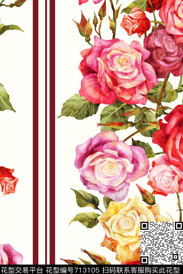玫瑰花卉竖条.jpg - 713105 - 牡丹 玫瑰 花朵 - 数码印花花型 － 女装花型设计 － 瓦栏