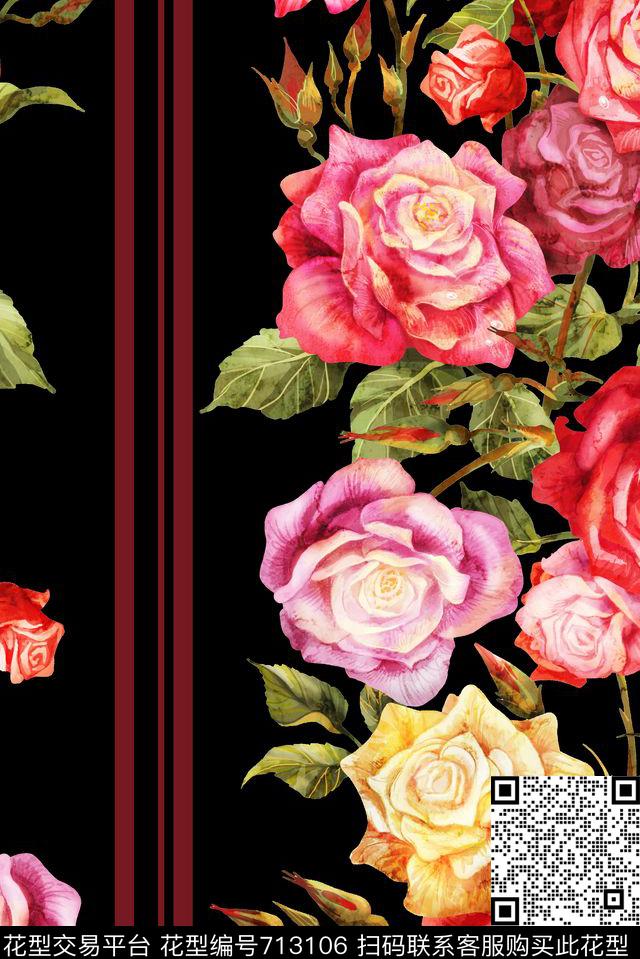玫瑰花卉竖条黑.jpg - 713106 - 牡丹 玫瑰 花朵 - 数码印花花型 － 女装花型设计 － 瓦栏