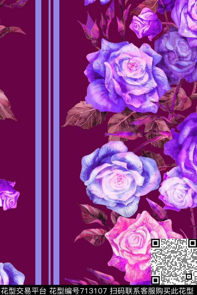 玫瑰花卉竖条酒.jpg - 713107 - 牡丹 玫瑰 花朵 - 数码印花花型 － 女装花型设计 － 瓦栏