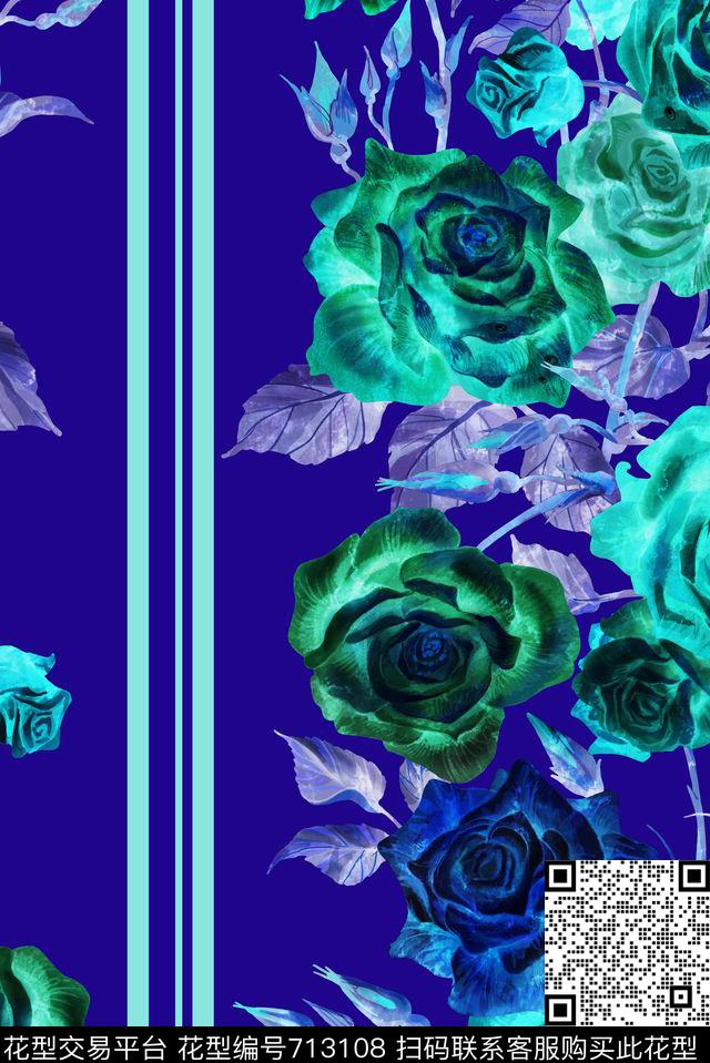 玫瑰花卉竖条蓝.jpg - 713108 - 牡丹 玫瑰 花朵 - 数码印花花型 － 女装花型设计 － 瓦栏