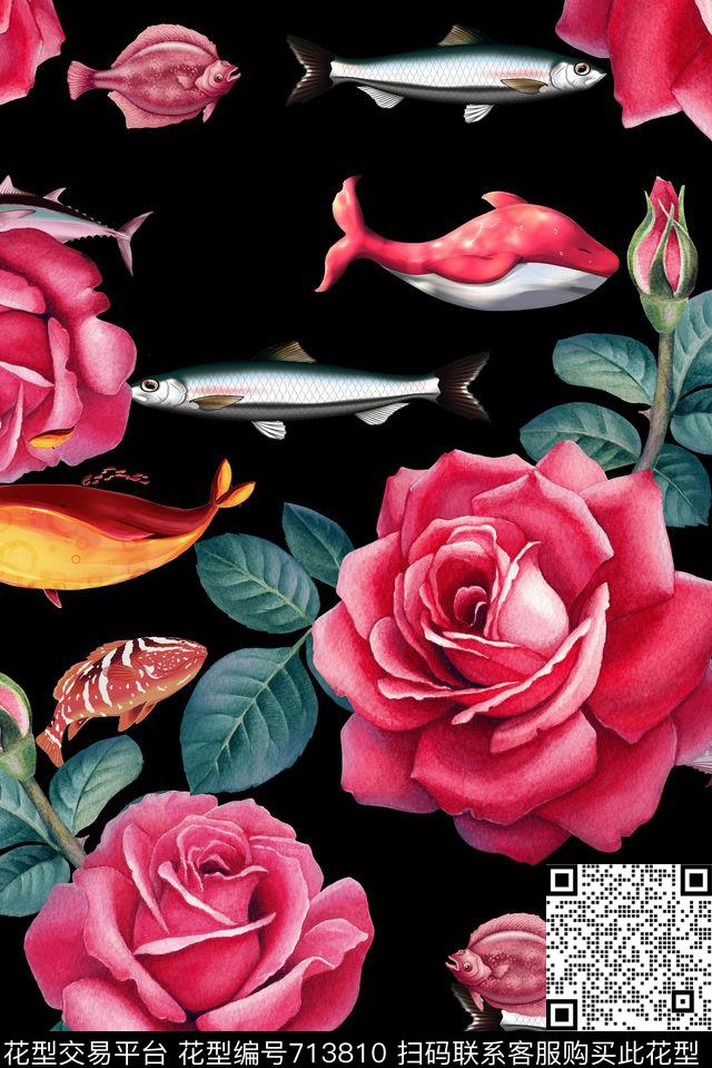 玫瑰鱼类黑.jpg - 713810 - 玫瑰 花朵 花卉 - 数码印花花型 － 女装花型设计 － 瓦栏