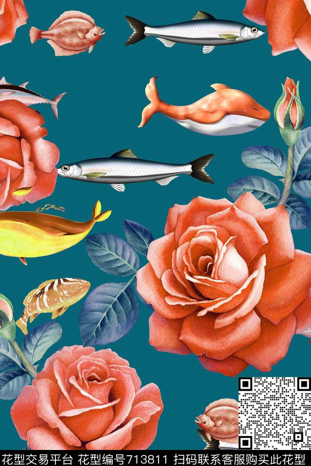 玫瑰鱼类蓝.jpg - 713811 - 玫瑰 花朵 花卉 - 数码印花花型 － 女装花型设计 － 瓦栏