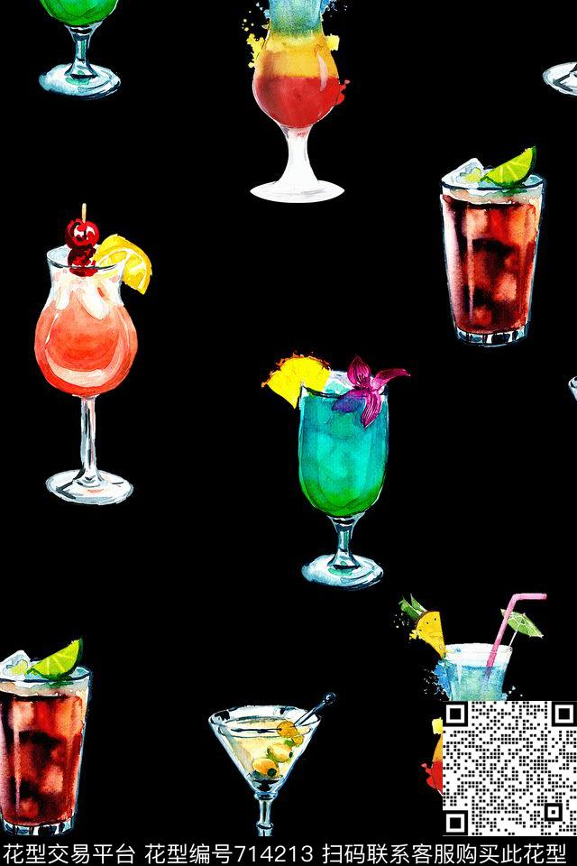 杯子.jpg - 714213 - 彩色杯子 饮料 水果 - 数码印花花型 － 女装花型设计 － 瓦栏