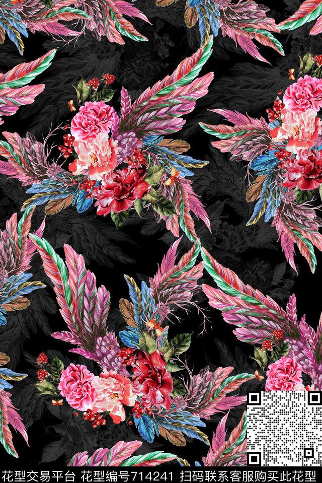 羽毛花卉果果黑.jpg - 714241 - 花朵 花卉 羽毛 - 数码印花花型 － 女装花型设计 － 瓦栏