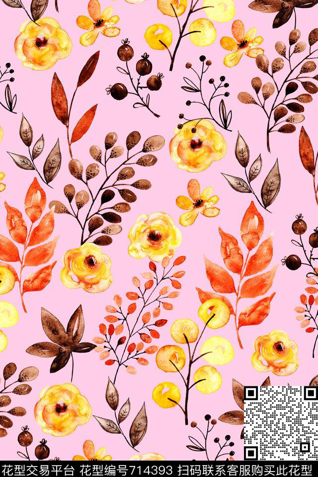童装手绘花卉叶子.jpg - 714393 - 童装 手绘 花卉 - 数码印花花型 － 女装花型设计 － 瓦栏