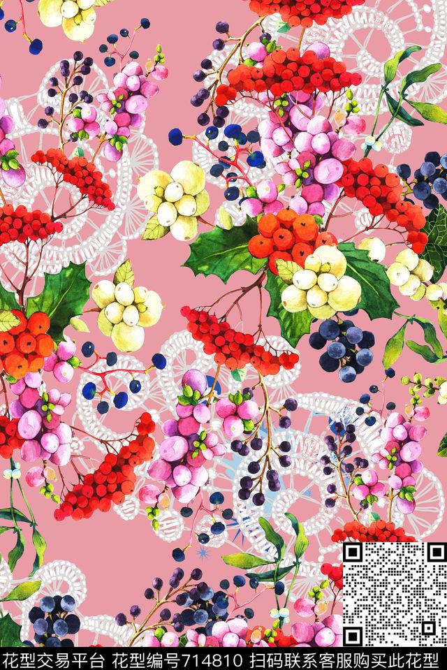 蕾丝底纹果果.jpg - 714810 - 花卉 小野果 蕾丝底纹 - 数码印花花型 － 女装花型设计 － 瓦栏