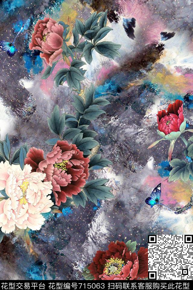 x-0661.jpg - 715063 - 山水画 民族风 牡丹 - 数码印花花型 － 女装花型设计 － 瓦栏