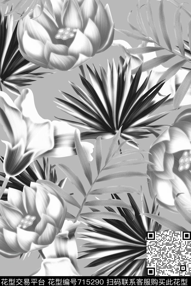 热带棕树叶荷花灰.jpg - 715290 - 天堂鸟花 棕榈叶 热带 - 数码印花花型 － 女装花型设计 － 瓦栏
