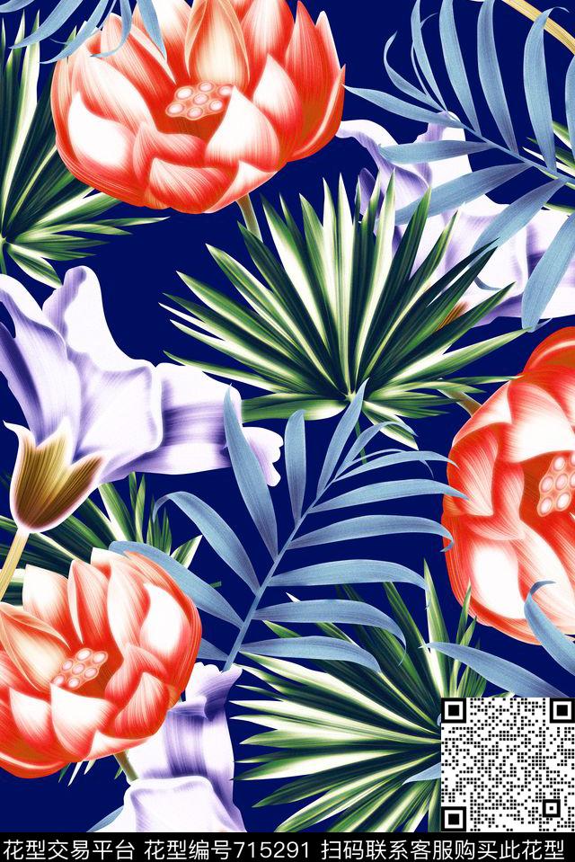 热带棕树叶荷花蓝.jpg - 715291 - 天堂鸟花 棕榈叶 热带 - 数码印花花型 － 女装花型设计 － 瓦栏