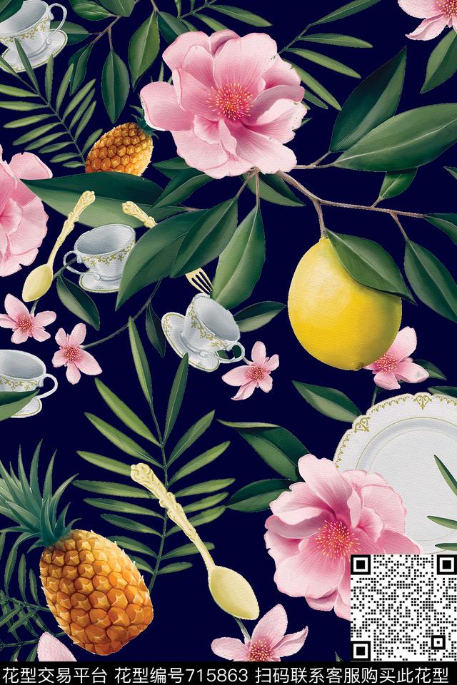FY0630.jpg - 715863 - 花卉 菠萝 餐具 - 数码印花花型 － 女装花型设计 － 瓦栏