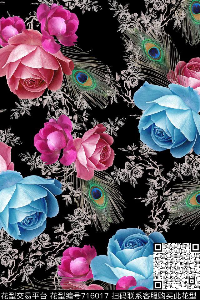 孔雀羽毛玫瑰茶花碎花底纹.jpg - 716017 - 玫瑰 花朵 花卉 - 数码印花花型 － 女装花型设计 － 瓦栏