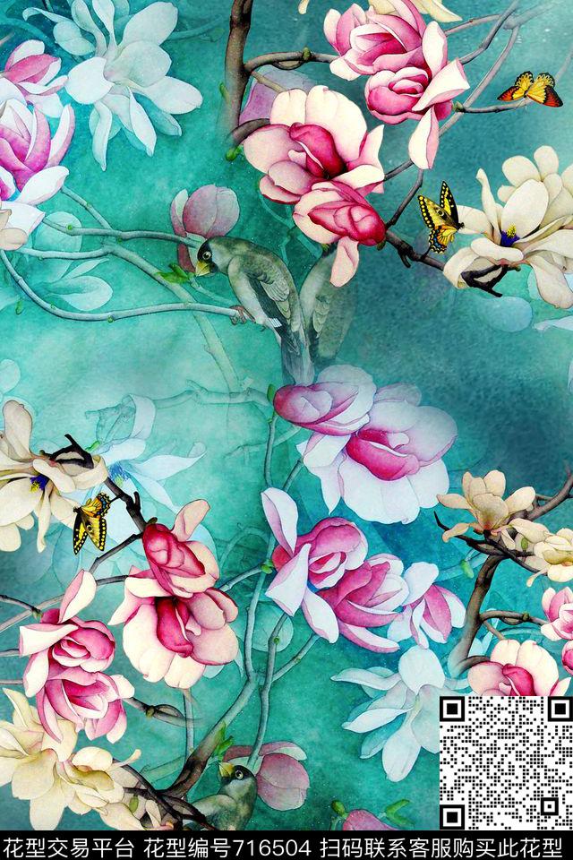 x-0671.jpg - 716504 - 民族风 中国风 玉兰花 - 数码印花花型 － 女装花型设计 － 瓦栏