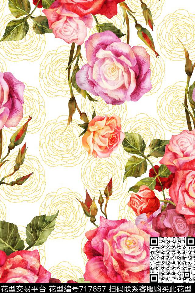 玫瑰金属玫瑰底纹.jpg - 717657 - 牡丹 玫瑰 花朵 - 数码印花花型 － 女装花型设计 － 瓦栏