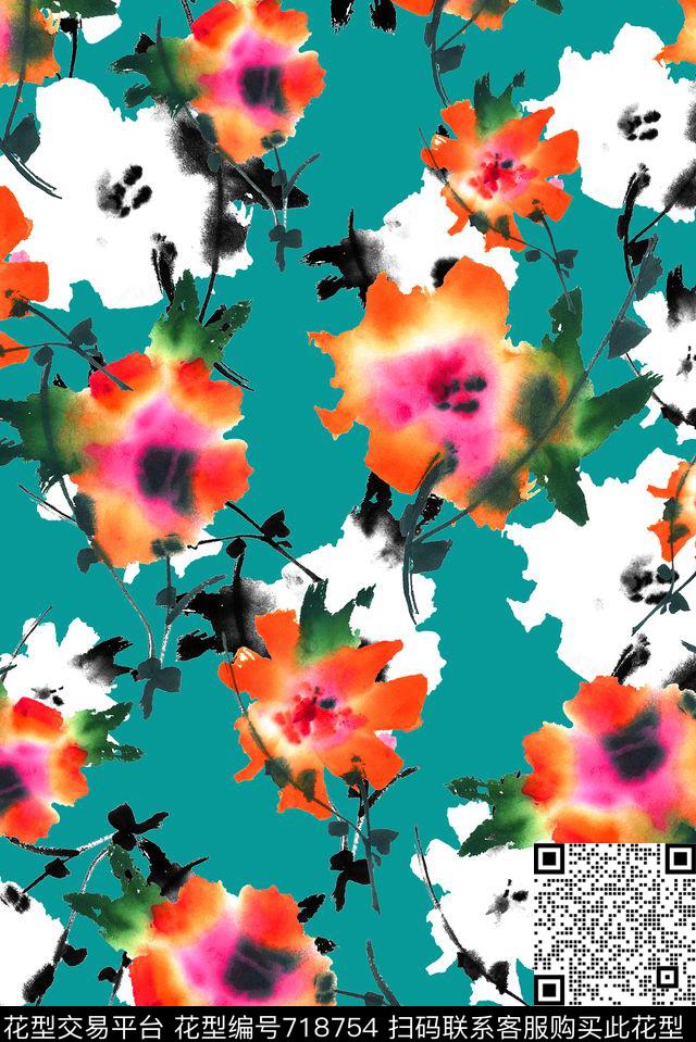 水墨抽象花卉.jpg - 718754 - 水墨 抽象 花卉 - 数码印花花型 － 女装花型设计 － 瓦栏