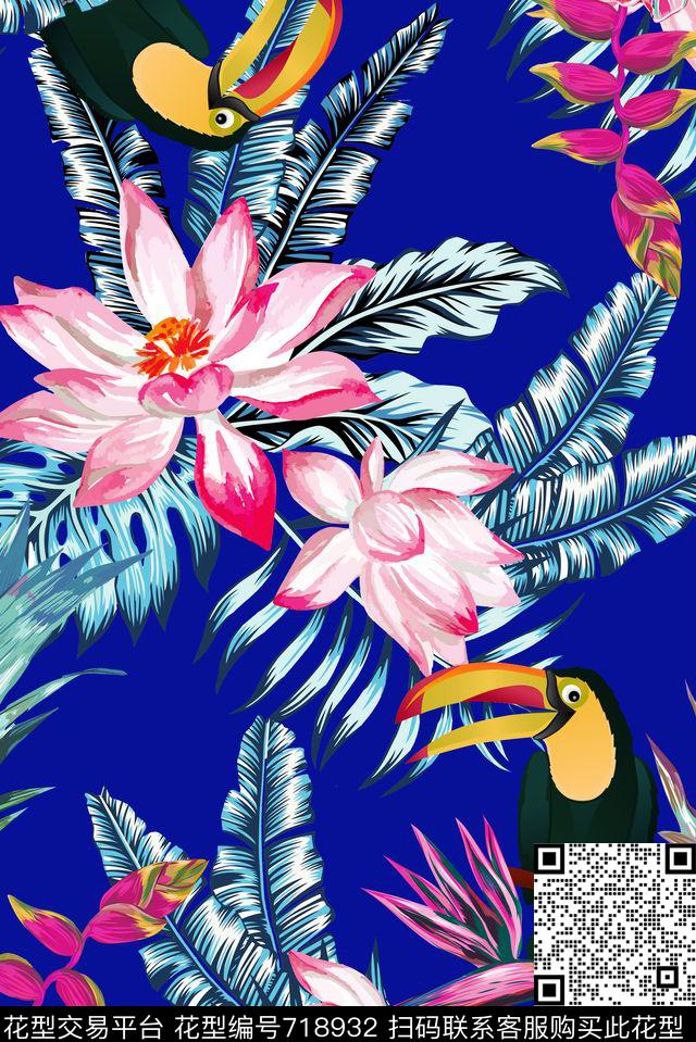 夜热带植物鸟蓝.jpg - 718932 - 天堂鸟花 棕榈叶 热带 - 数码印花花型 － 女装花型设计 － 瓦栏
