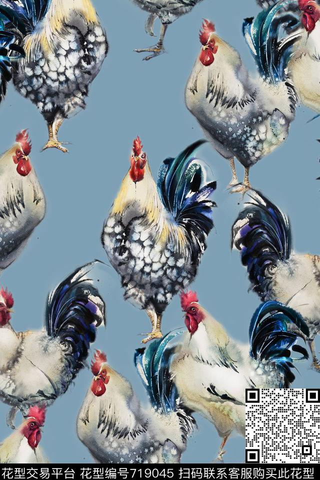 g1610314-1.jpg - 719045 - 公鸡 鸡年 手绘 - 数码印花花型 － 女装花型设计 － 瓦栏