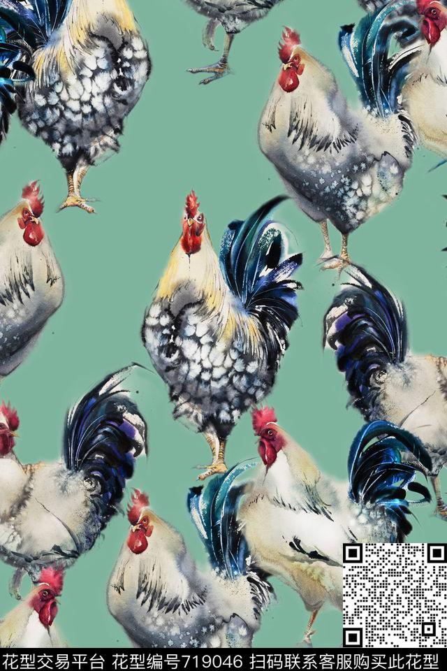 g1610314-2.jpg - 719046 - 公鸡 鸡年 手绘 - 数码印花花型 － 女装花型设计 － 瓦栏