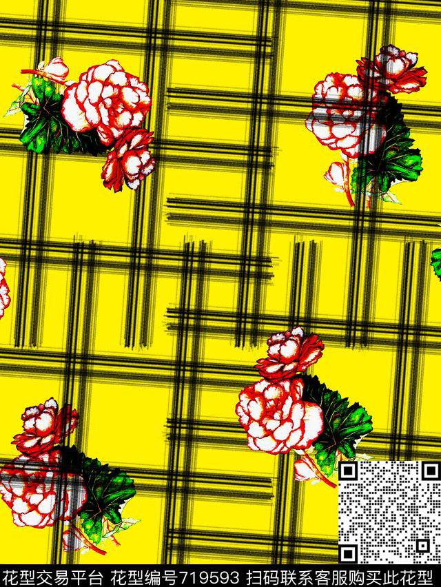 HOT0077.jpg - 719593 - 不规则格子 几何 花卉 - 数码印花花型 － 女装花型设计 － 瓦栏