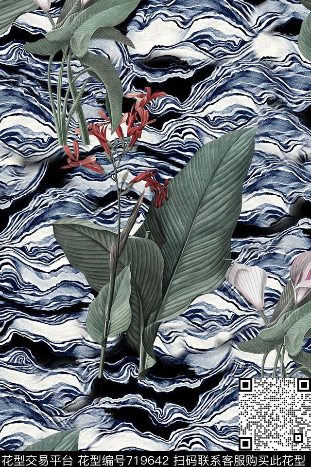 1155a-1.tif - 719642 - 抽象手绘波浪纹理植物花卉数码印花 时尚潮流女装裙子印花 欧美复古大牌印花 - 数码印花花型 － 女装花型设计 － 瓦栏