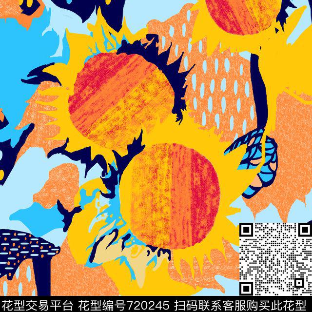 太阳.jpg - 720245 - 向日葵 太阳、夏日、 热带 - 传统印花花型 － 泳装花型设计 － 瓦栏