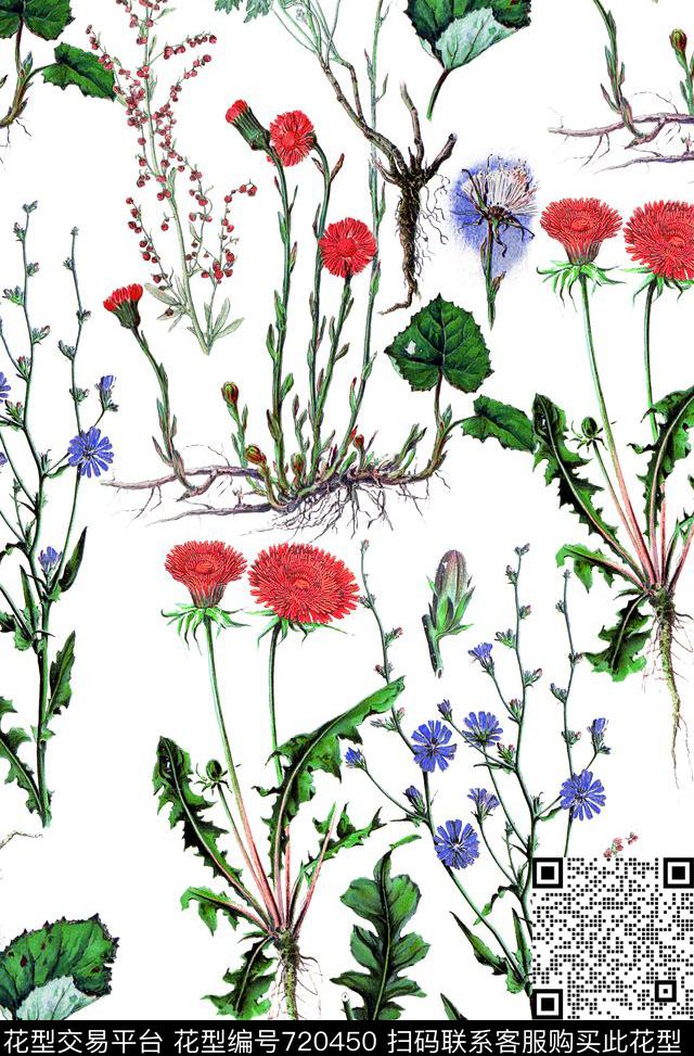 复古植物花卉白底A.jpg - 720450 - 花卉 DG 手绘 - 数码印花花型 － 女装花型设计 － 瓦栏