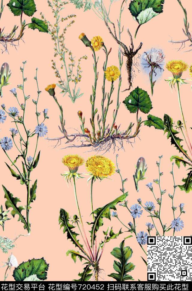 复古植物花卉粉底.jpg - 720452 - 花卉 DG 手绘 - 数码印花花型 － 女装花型设计 － 瓦栏