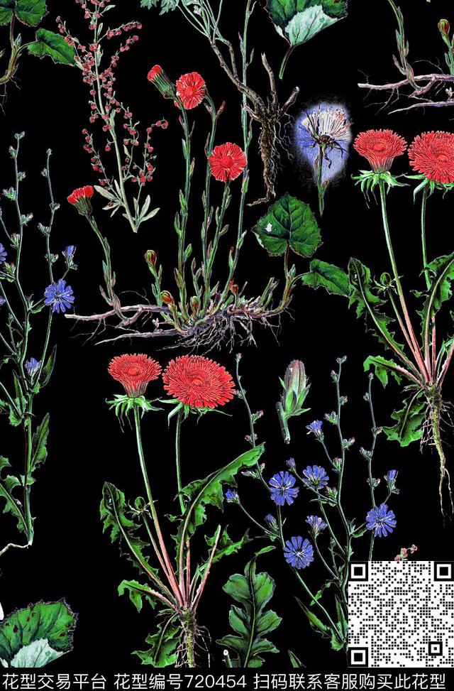 复古植物花卉黑底A.jpg - 720454 - 花卉 DG 手绘 - 数码印花花型 － 女装花型设计 － 瓦栏