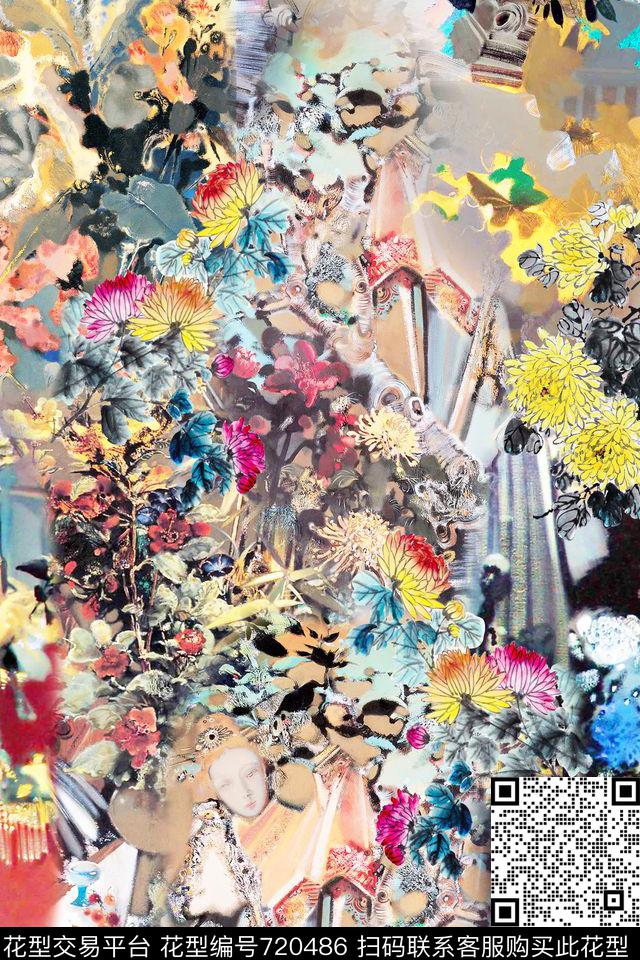 53786.jpg - 720486 - 中国风 写意国画 黄菊花 - 数码印花花型 － 女装花型设计 － 瓦栏