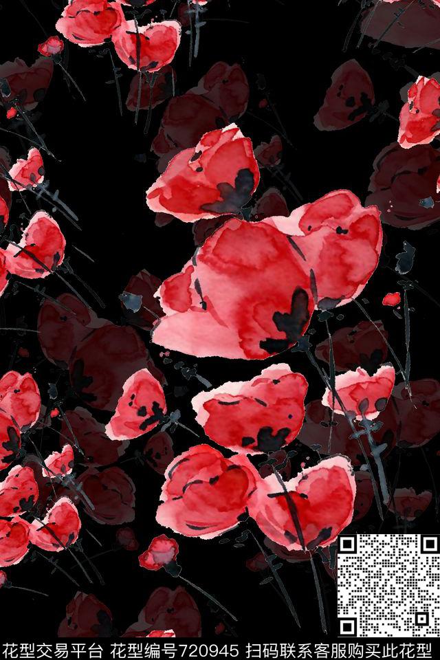抽象清新水墨花卉.jpg - 720945 - 花朵 花卉 水墨 - 数码印花花型 － 女装花型设计 － 瓦栏